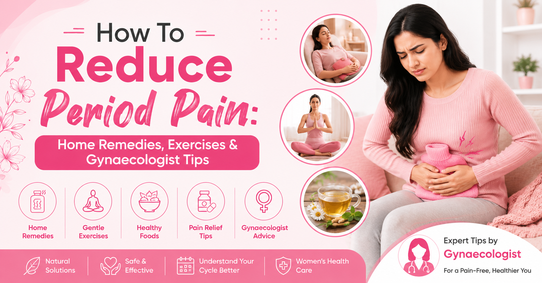 Simple home remedies, healthy foods, gentle exercises and expert gynaecologist advice can help reduce period pain naturally.